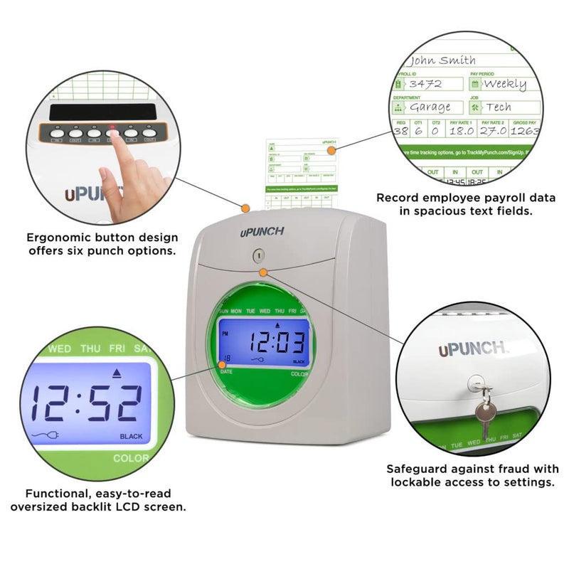 uPunch HN3500 Advanced Time Clock Bundle for Small Business: Complete Employee Time Tracking System with 100 Time Cards, 2 Racks, 2 Ribbons, and 6 Keys - Image 2